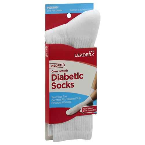 Image for Leader Diabetic Socks, Crew Length, White, Unisex, Medium,1pr from Vanco Pharmacy