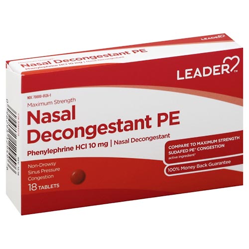 Image for Leader Nasal Decongestant PE, Maximum Strength, Tablets,18ea from Vanco Pharmacy