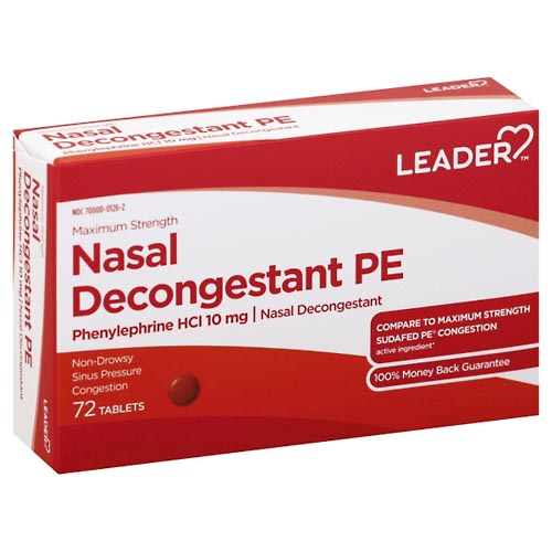 Image for Leader Nasal Decongestant PE, Maximum Strength, Tablets,72ea from Vanco Pharmacy