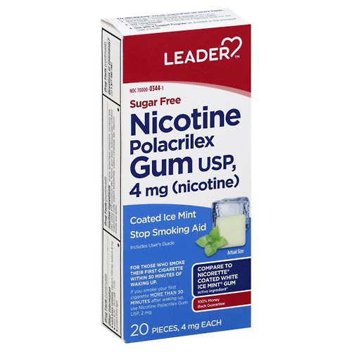 Image for Leader Nicotine Polacrilex Gum, 4 mg, Coated Ice Mint,20ea from Vanco Pharmacy